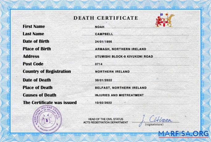 Realistic Northern Ireland death certificate PSD template
